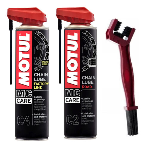 Motul C2 Chain Lube Road 400ml + Motul C4 Chain Lube Factory Line 400ml + Escova